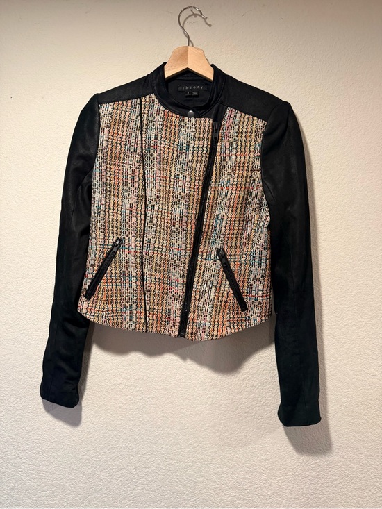 Theory Jackets & Blazers - THEORY Multicolored Woven Silk w/ Soft Sueded Goat Leather Sleeves Zip Up Jacket